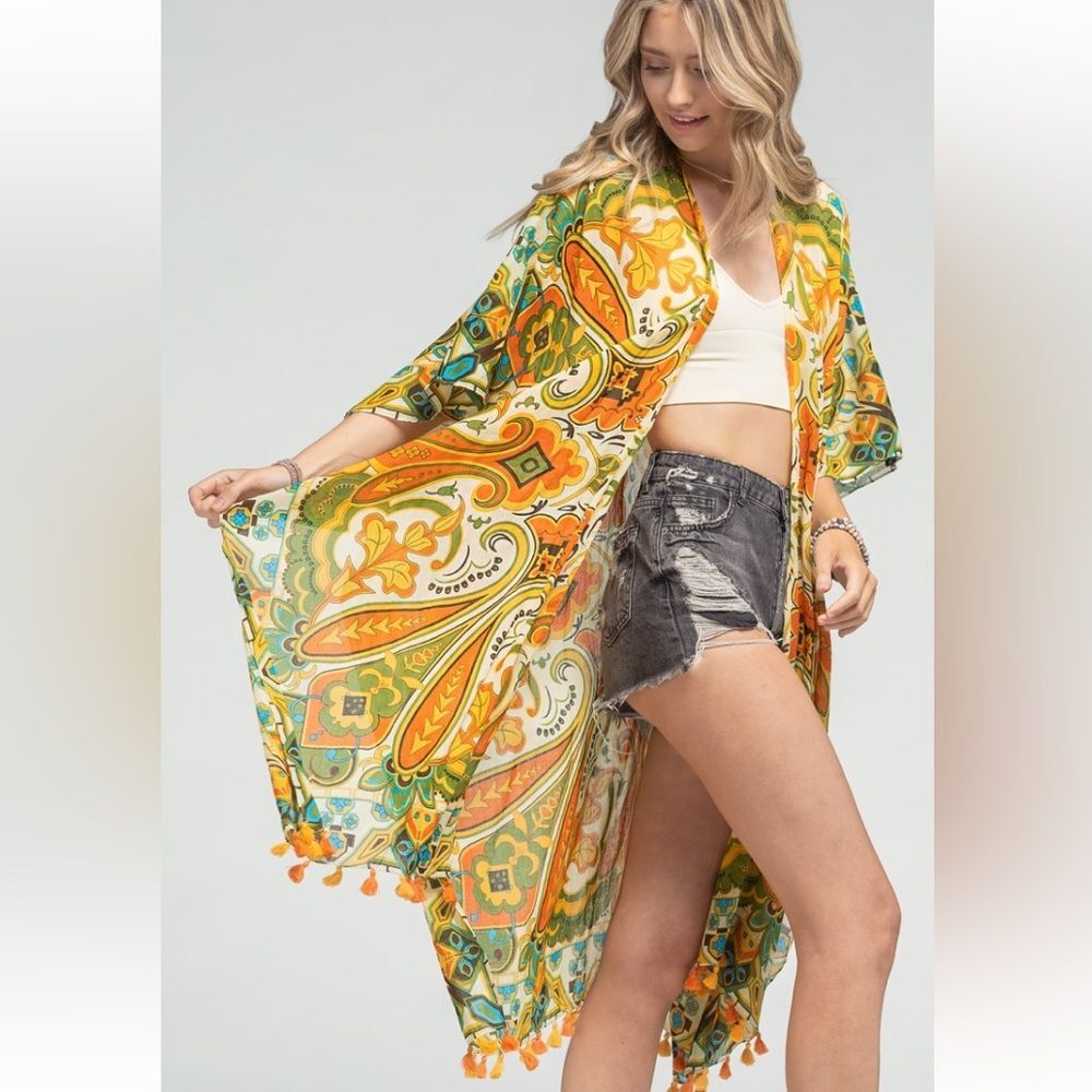 Boutique NWT Yellow Green Orange Gypsy Hippie Duster Kimono S - 3x